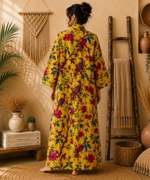 Alternative view of Mustard Yellow Floral Bird Print Cotton Long Kimono Robe for Women – Boho Maxi Kimono, Free Size with Pockets
