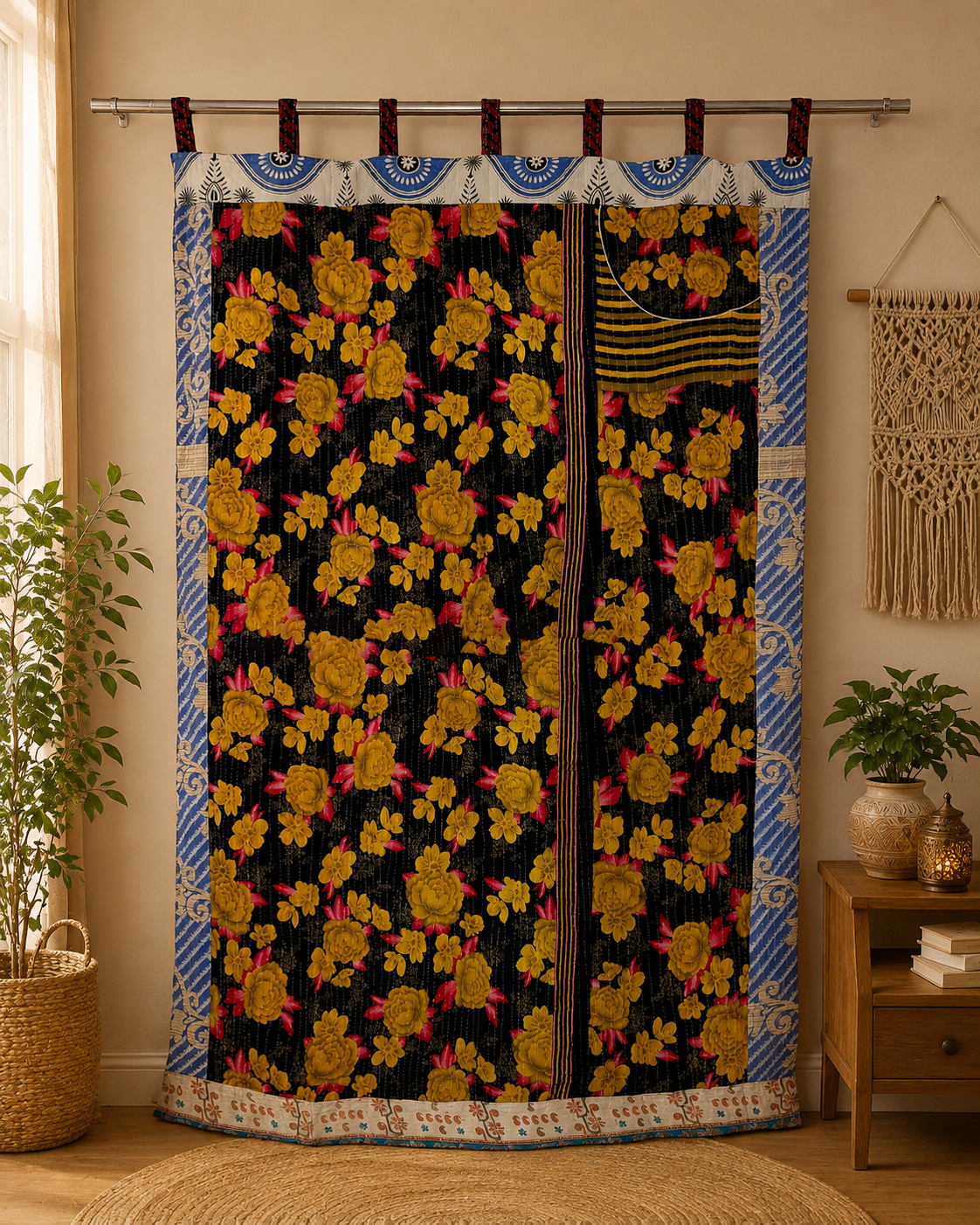 Black Vintage Kantha Curtain – Handmade Cotton Patchwork Boho Indian Window Door Curtain – 1 Pc - Image 4