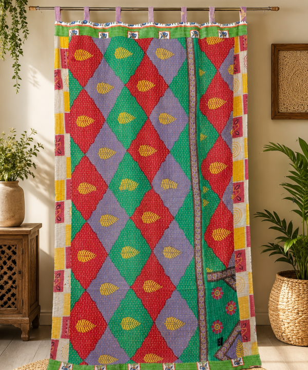 Alternative view of Green Vintage Kantha Curtain – Handmade Cotton Patchwork Boho Indian Window Door Curtain – 1 Pc