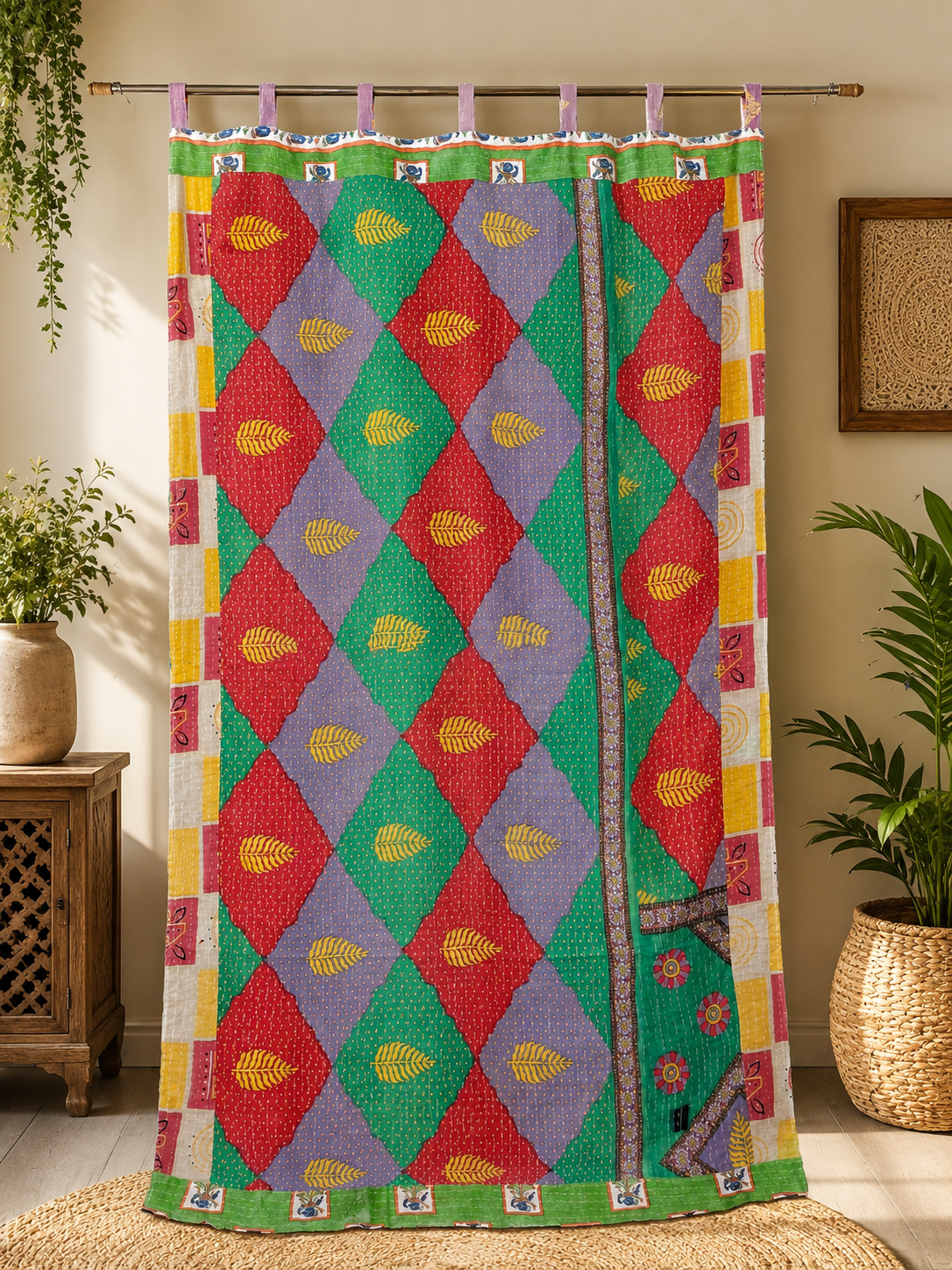 Green Vintage Kantha Curtain – Handmade Cotton Patchwork Boho Indian Window Door Curtain – 1 Pc - Image 2
