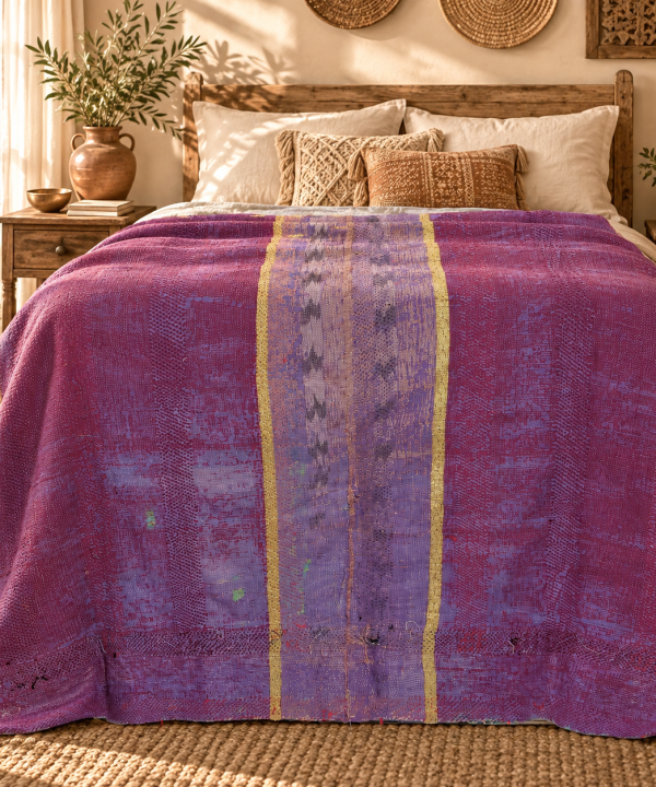 Alternative view of Deep Purple Vintage Kantha Quilt 60 x 90 Inches – Handmade Cotton Bedspread Throw – One of a Kind
