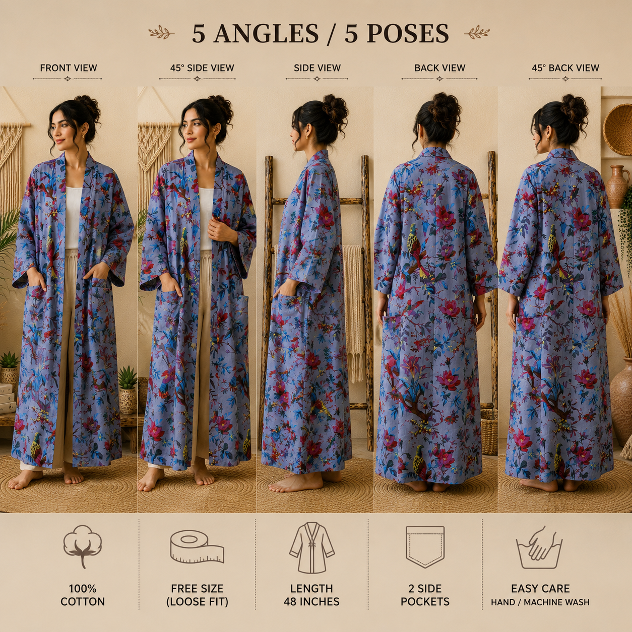 Lavender Blue Floral Bird Print Cotton Long Kimono Robe for Women – Boho Free Size Maxi Kimono with Pockets - Image 5