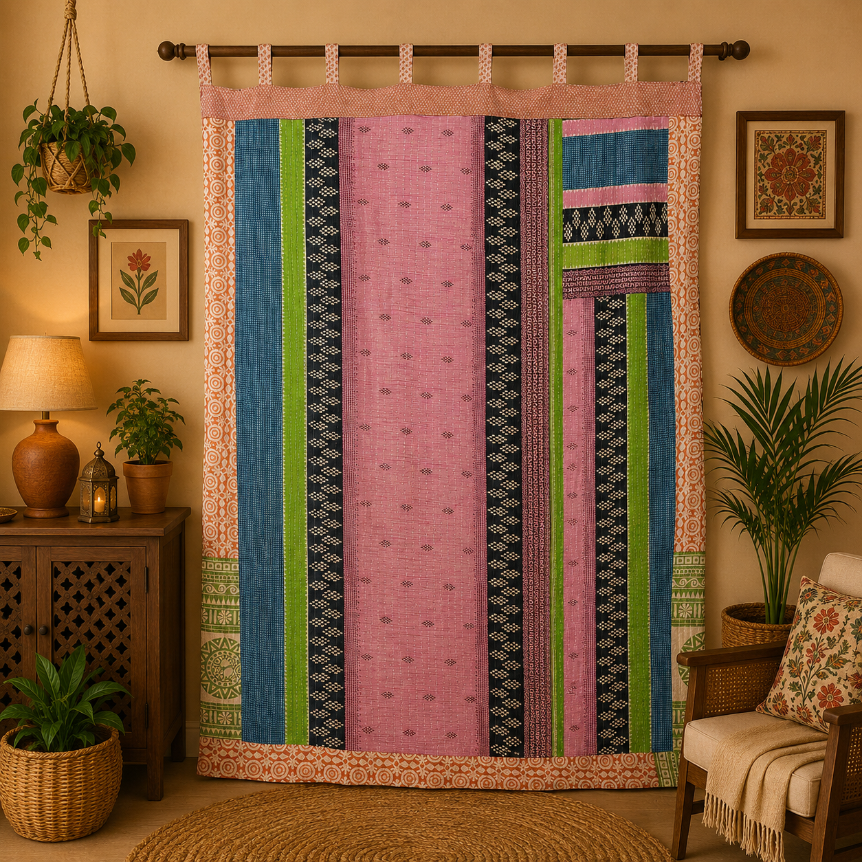 Purple Vintage Kantha Curtain – Handmade Cotton Patchwork Boho Indian Window Door Curtain – 1 Pc - Image 3