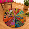 Vintage Kantha Round Floor Cushion Cover – Handmade Patchwork Boho Pouf Cover with Pom Pom Trim - Image 4