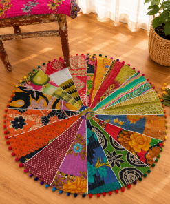 Alternative view of Colorful Vintage Kantha Round Floor Cushion Cover – Handmade Patchwork Boho Pouf Cover with Pom Pom Trim