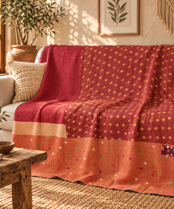 Vintage Handmade Kantha Quilt – Red & Coral Recycled Cotton Bedspread, Indian Boho Sofa Throw Blanket