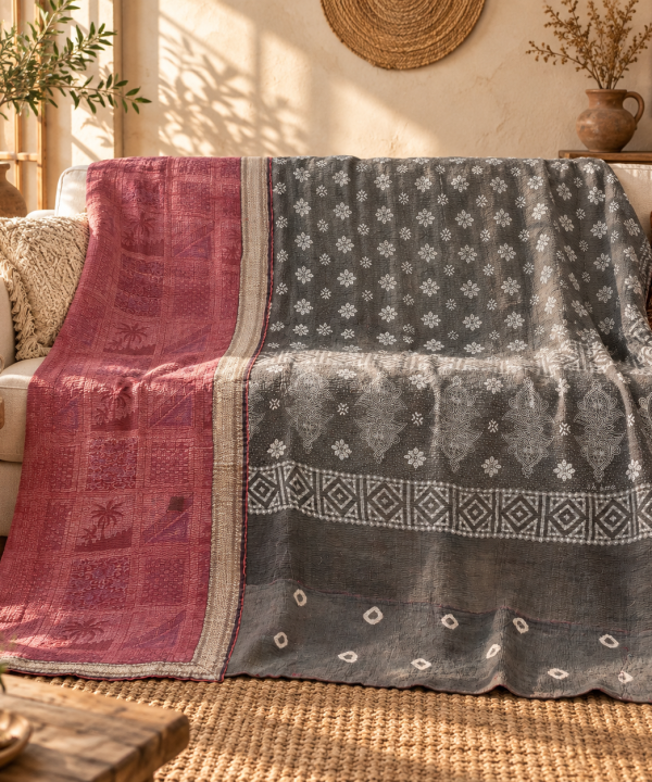 Charcoal Grey & Dusty Rose Vintage Kantha Quilt 60 x 90 Inches – Handmade Cotton Bedspread – One of a Kind