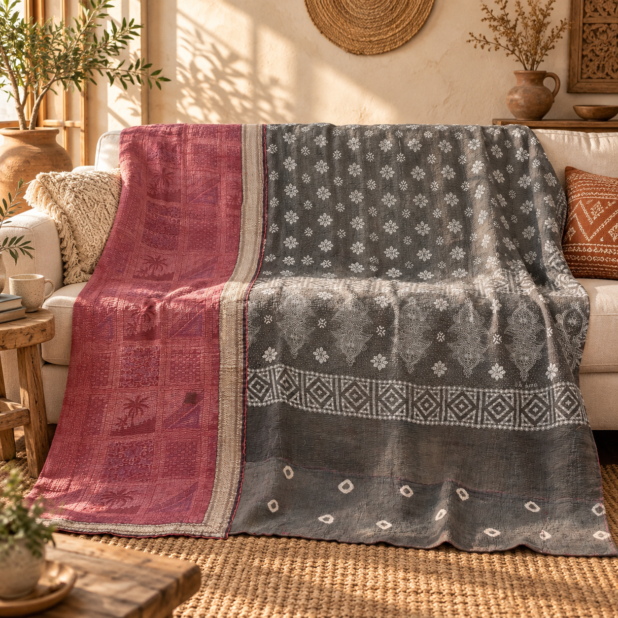 Charcoal Grey & Dusty Rose Vintage Kantha Quilt 60 x 90 Inches – Handmade Cotton Bedspread – One of a Kind