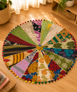 Alternative view of Multicolor Vintage Kantha Round Floor Cushion Cover – Handmade Patchwork Boho Pouf Cover with Pom Pom Trim