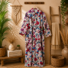 White Pink Floral Bird Print Cotton Long Kimono Robe for Women – Boho Maxi Kimono, Free Size Belted Dressing Gown - Image 4