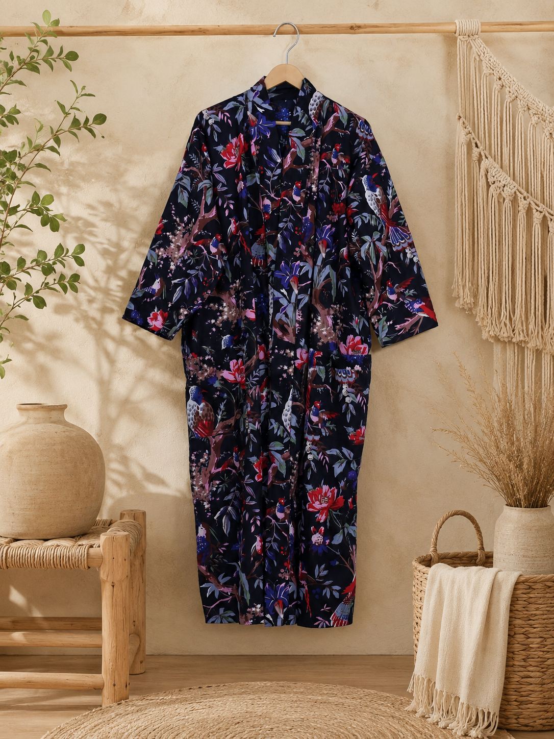 Black Floral Bird Print Cotton Long Kimono Robe for Women – Boho Maxi Kimono Jacket, Free Size Open Front Cover Up - Image 4