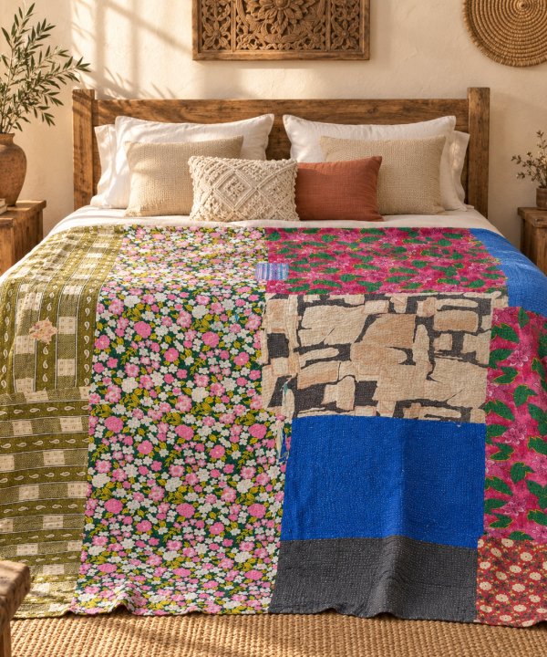 Alternative view of Vintage Patchwork Kantha Quilt 60x90 Inches – Multicolor Hand Stitched Cotton Boho Throw