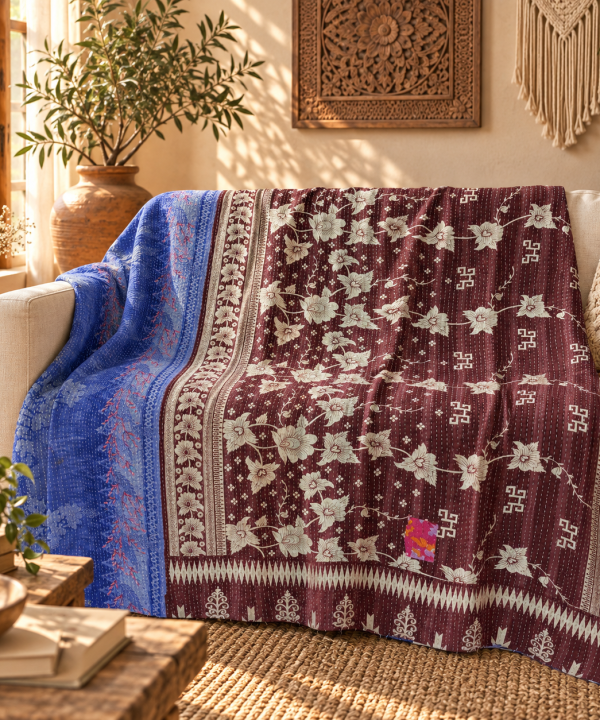 Vintage Handmade Kantha Quilt – Blue & Burgundy Floral Recycled Sari Bed Throw | Reversible Indian Kantha Blanket