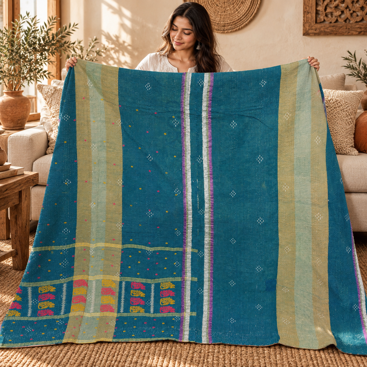 Vintage Teal Blue Kantha Quilt – Hand Stitched Cotton Boho Bedspread Throw 60 x 90 Inches - Image 3