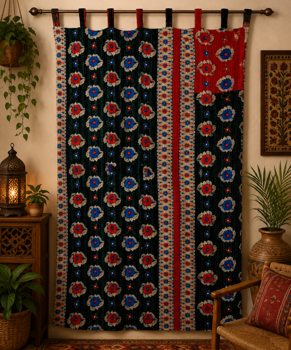 Alternative view of Black Vintage Kantha Curtain – Handmade Cotton Patchwork Boho Indian Window Door Curtain – 1 Pc