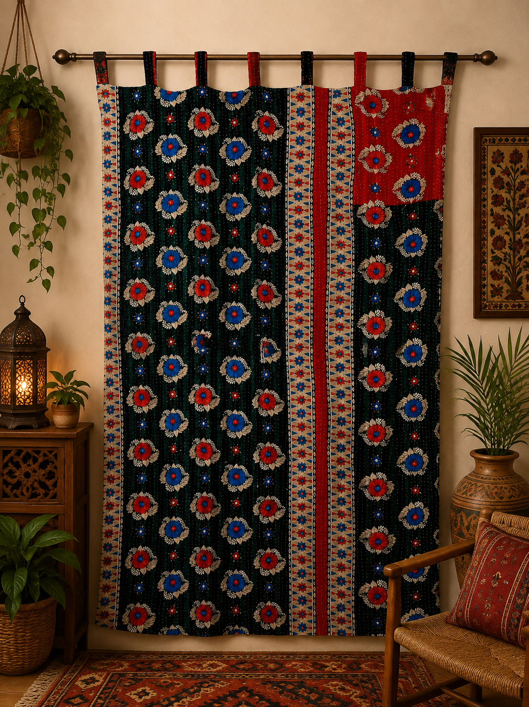 Black Vintage Kantha Curtain – Handmade Cotton Patchwork Boho Indian Window Door Curtain – 1 Pc - Image 7