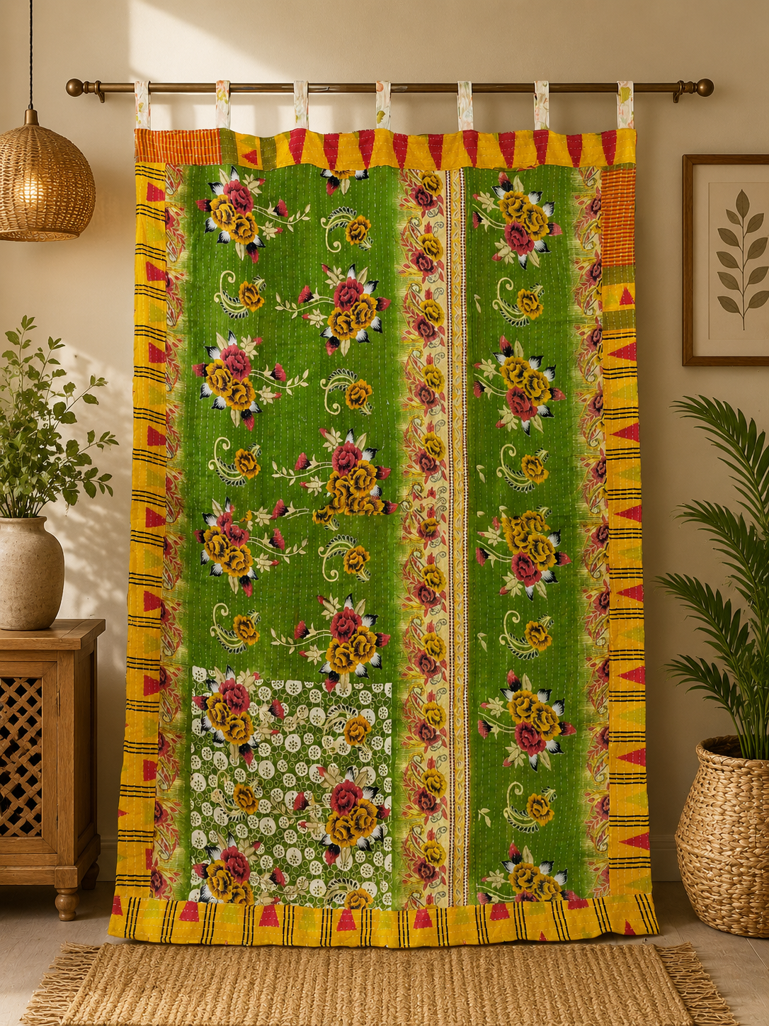 Green Vintage Kantha Curtain – Handmade Cotton Patchwork Boho Indian Window Door Curtain – 1 Pc - Image 5