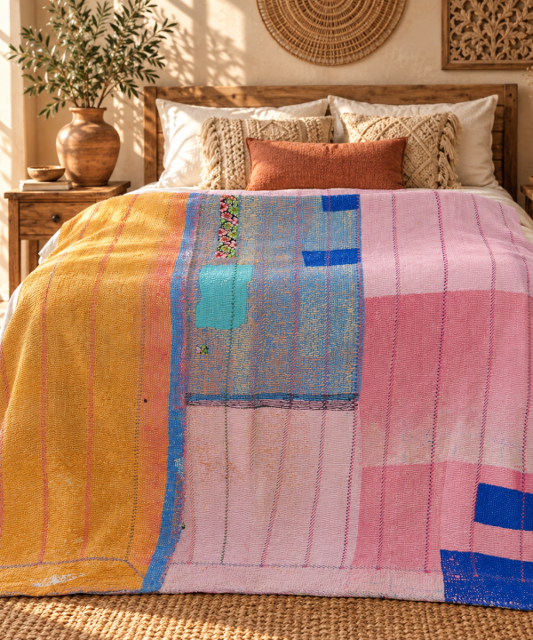 Alternative view of Pink & Mustard Yellow Vintage Kantha Quilt 60 x 90 Inches – Handmade Cotton Patchwork Bedspread