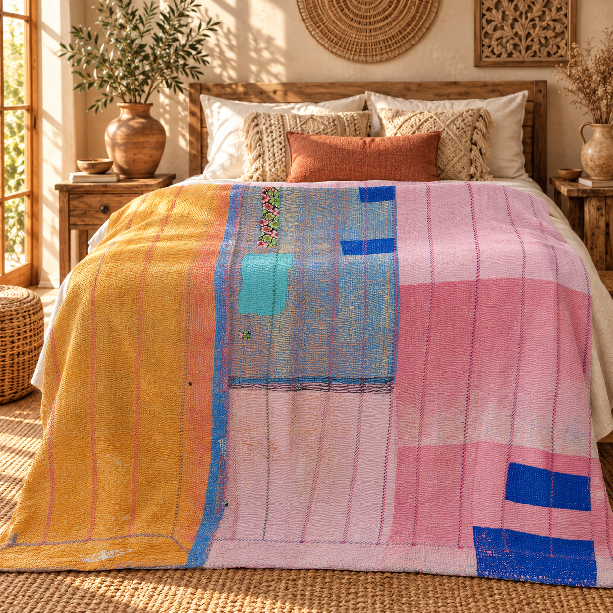 Pink & Mustard Yellow Vintage Kantha Quilt 60 x 90 Inches – Handmade Cotton Patchwork Bedspread - Image 2