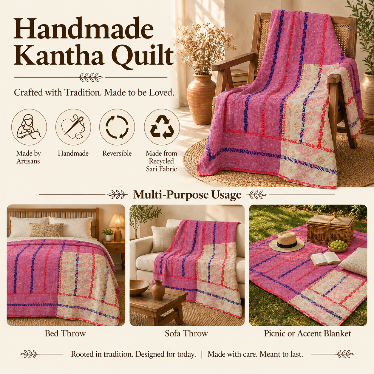 Vintage Kantha Quilt Handmade Recycled Cotton Bedspread, Indian Patchwork Throw Blanket, Boho Sofa & Picnic Quilt 50x80 Inch - Image 4