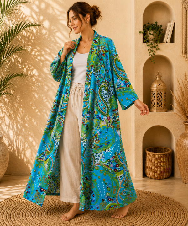 Alternative view of Turquoise Blue Floral Paisley Long Kimono Robe – Boho Printed Maxi Kimono Jacket for Women