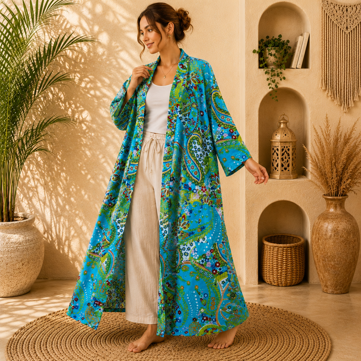 Turquoise Blue Floral Paisley Long Kimono Robe – Boho Printed Maxi Kimono Jacket for Women - Image 2