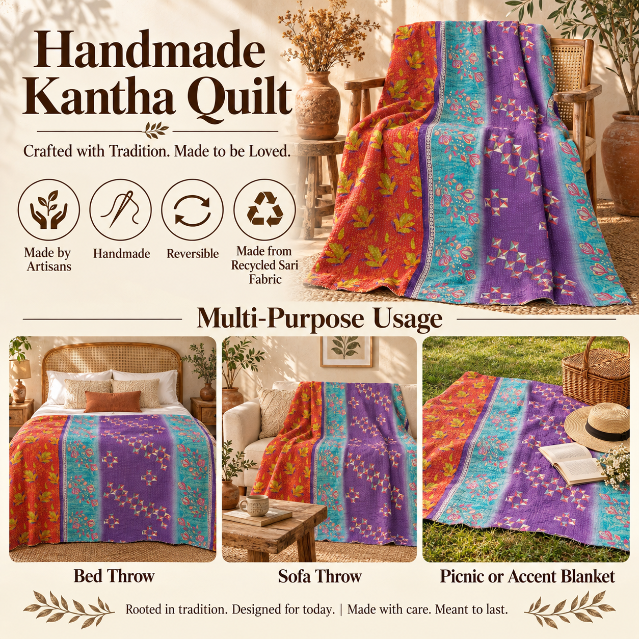 Vintage Handmade Kantha Quilt – Purple Turquoise Orange Recycled Sari Cotton Bedspread, Boho Indian Throw - Image 4