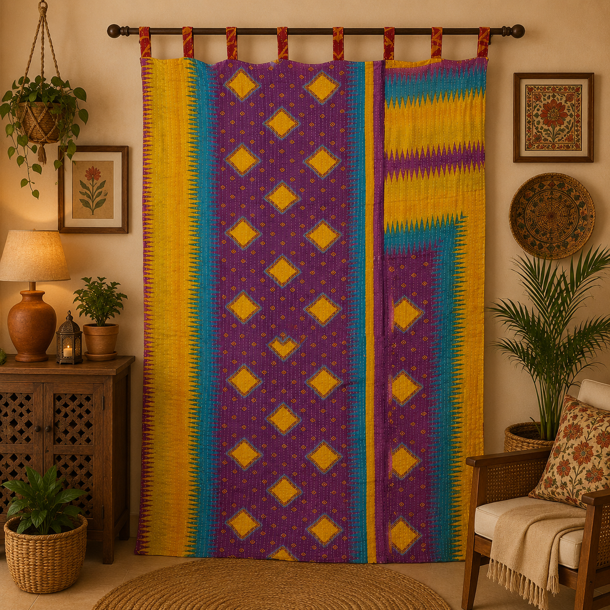 Purple Vintage Kantha Curtain – Handmade Cotton Patchwork Boho Indian Window Door Curtain – 1 Pc - Image 4