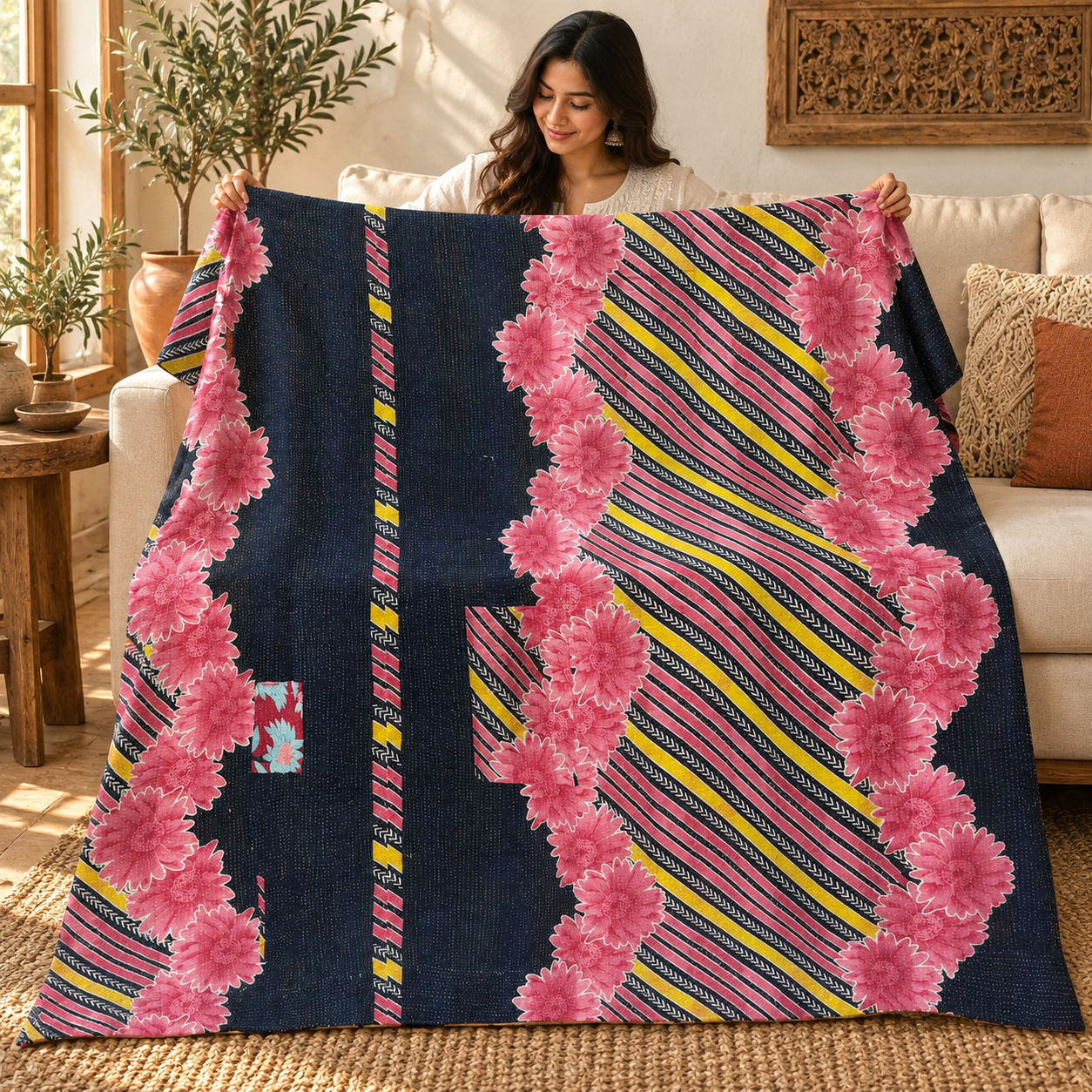 Vintage Navy Blue & Pink Kantha Quilt 60x90 Inches – Handmade Floral Cotton Bedspread Throw - Image 3