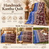 Vintage Handmade Kantha Quilt – Blue & Burgundy Floral Recycled Sari Bed Throw | Reversible Indian Kantha Blanket - Image 4