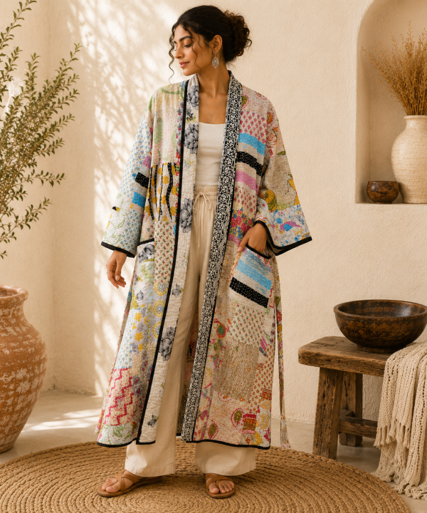 Ivory Cream Multicolor Vintage Kantha Long Kimono Robe – Handmade Patchwork Cotton Boho Jacket