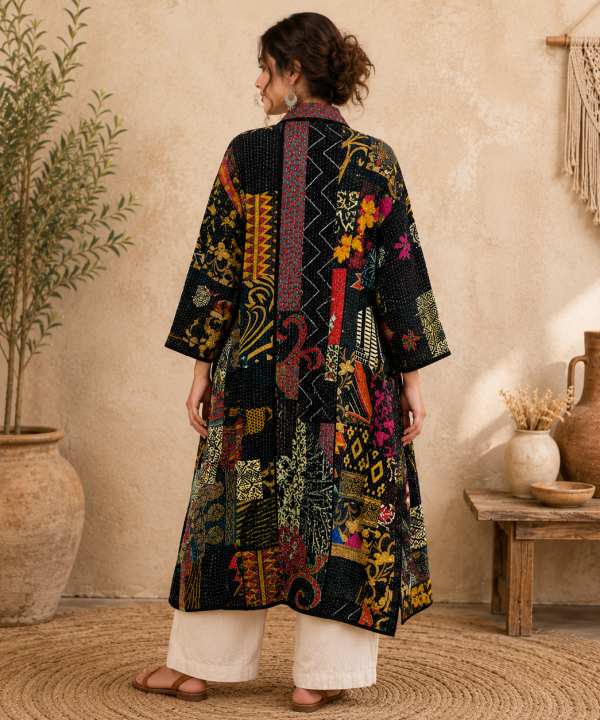 Alternative view of Vintage Kantha Long Kimono Jacket – Black Multicolor Patchwork Cotton Handmade Boho Coat