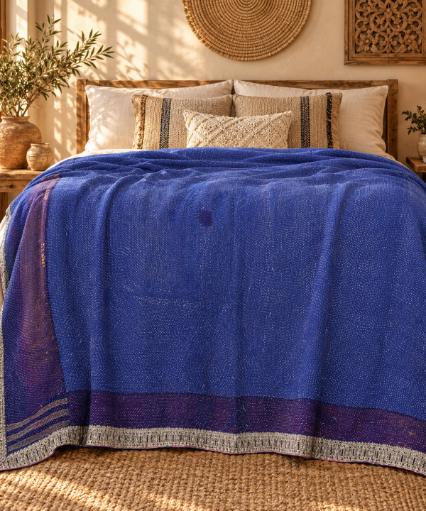Alternative view of Royal Blue Vintage Kantha Quilt 60 x 90 Inches – Handmade Cotton Bedspread Throw – One of a Kind
