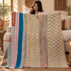 Vintage Kantha Quilt 60x90 Inches – Beige Cream Blue Hand Stitched Cotton Bedspread - Image 3