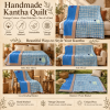 Vintage Blue Check Kantha Quilt – Hand Stitched Cotton Bedspread Throw 60 x 90 Inches - Image 4