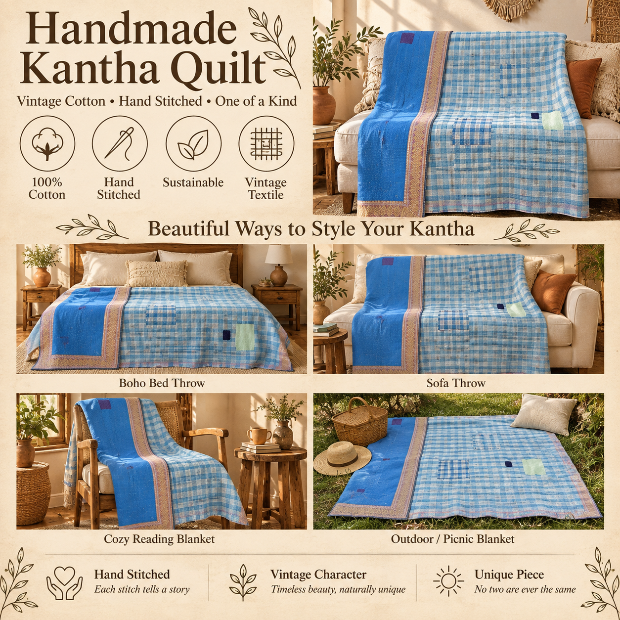 Vintage Blue Check Kantha Quilt – Hand Stitched Cotton Bedspread Throw 60 x 90 Inches - Image 4