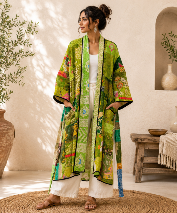 Green Multicolor Vintage Kantha Long Kimono Robe – Handmade Patchwork Cotton Boho Jacket