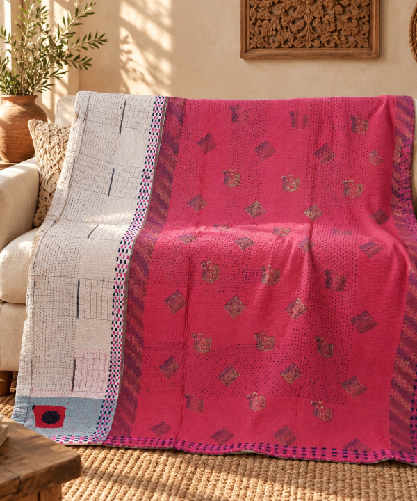 Vintage Hot Pink Kantha Quilt 60x90 Inches – Hand Stitched Cotton Boho Throw