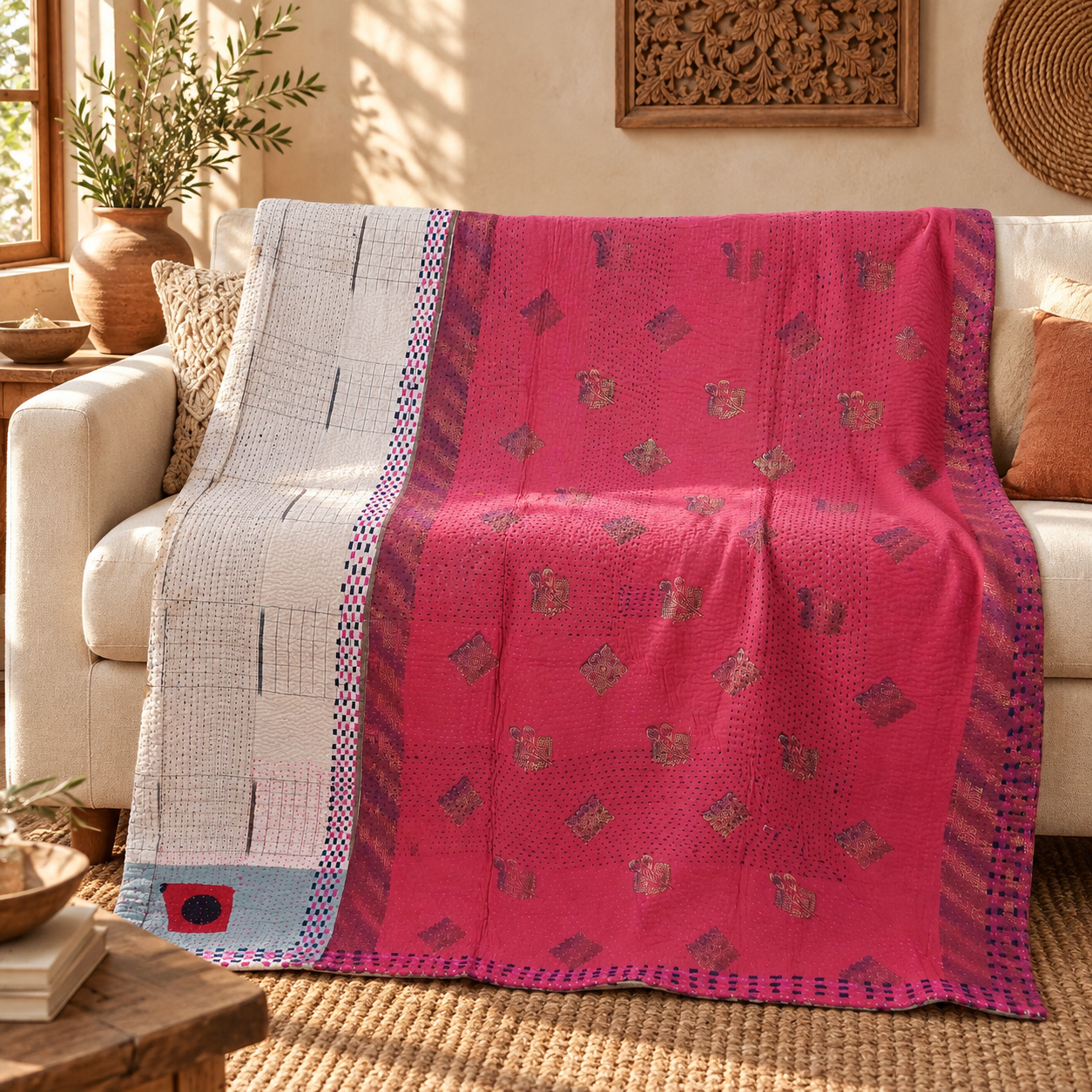 Vintage Hot Pink Kantha Quilt 60x90 Inches – Hand Stitched Cotton Boho Throw