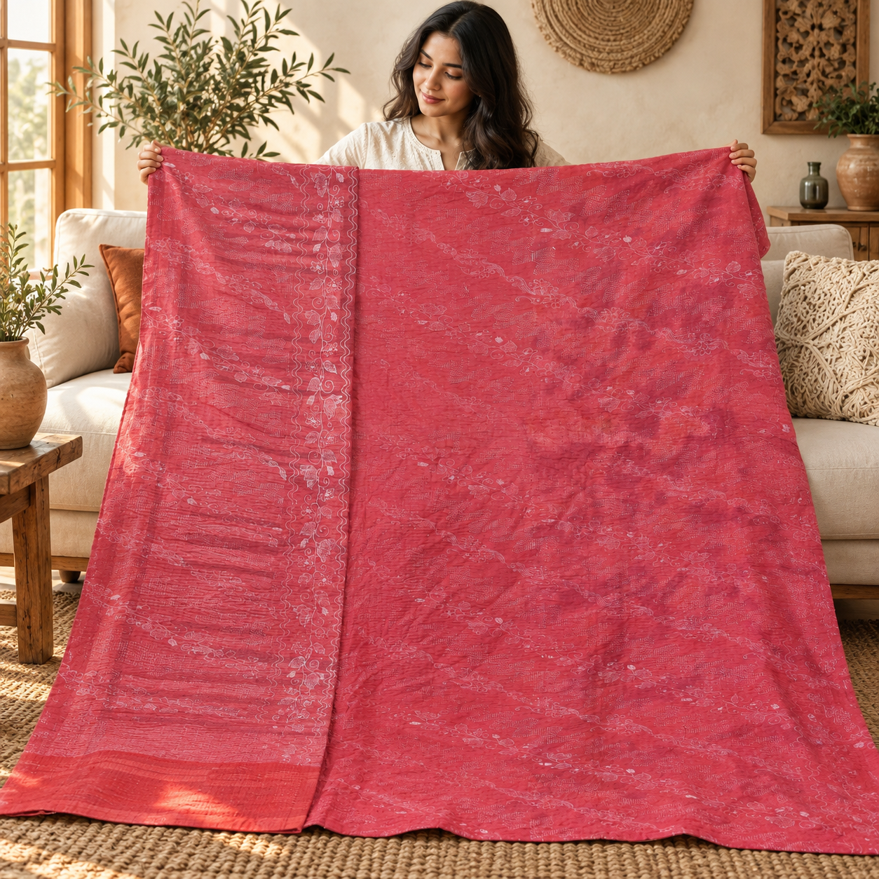 Vintage Red Kantha Quilt – Hand Stitched Floral Cotton Indian Bedspread 60 x 90 Inches - Image 3