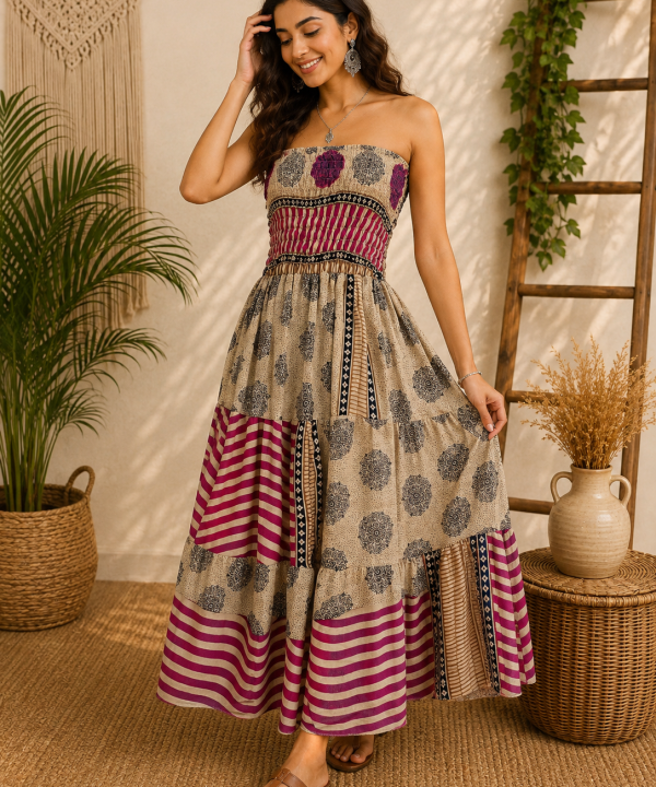 Beige Magenta & Black Patchwork Maxi Dress – Strapless Smocked Tiered Boho Printed Summer Dress