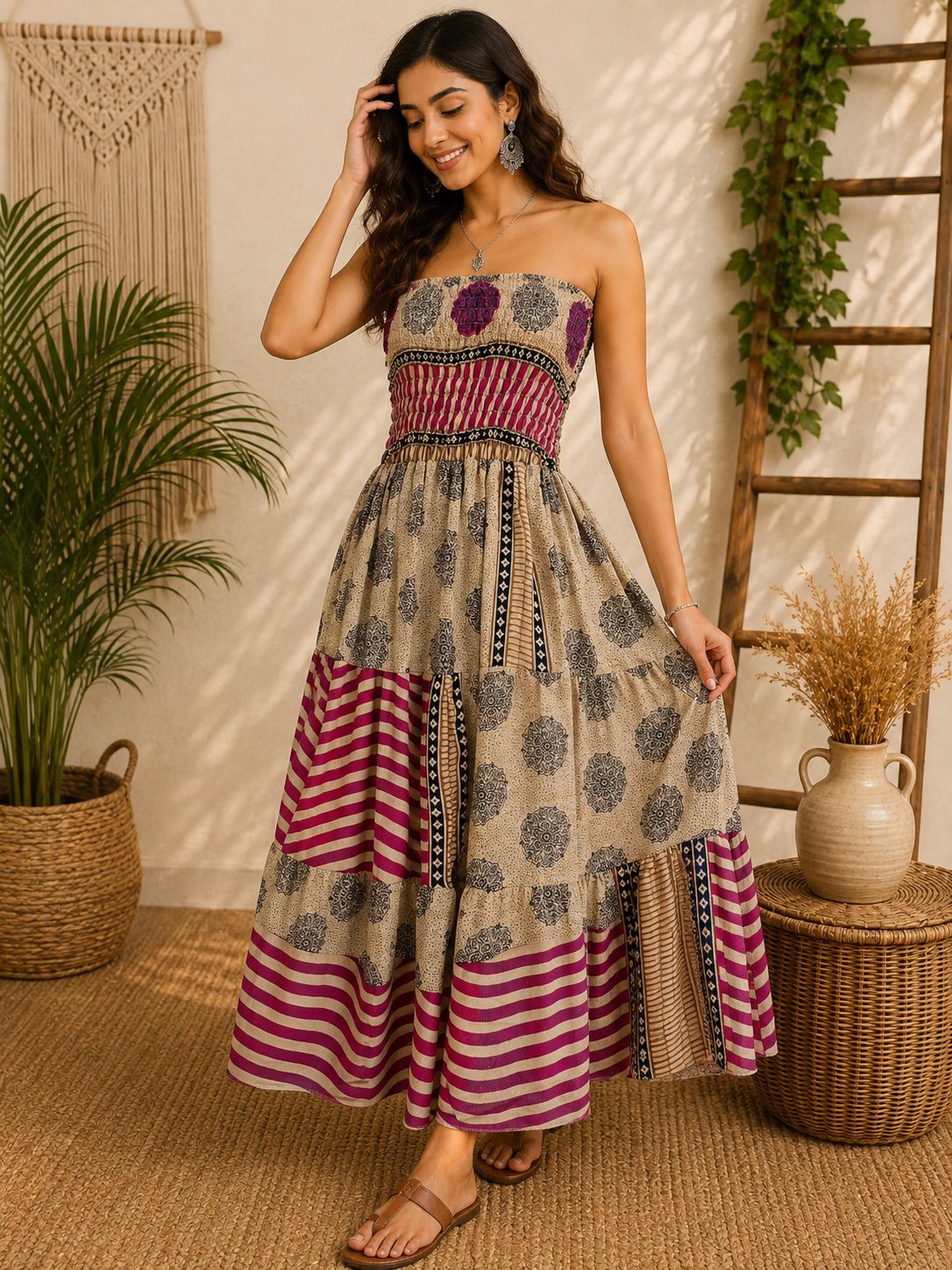 Beige Magenta & Black Patchwork Maxi Dress – Strapless Smocked Tiered Boho Printed Summer Dress