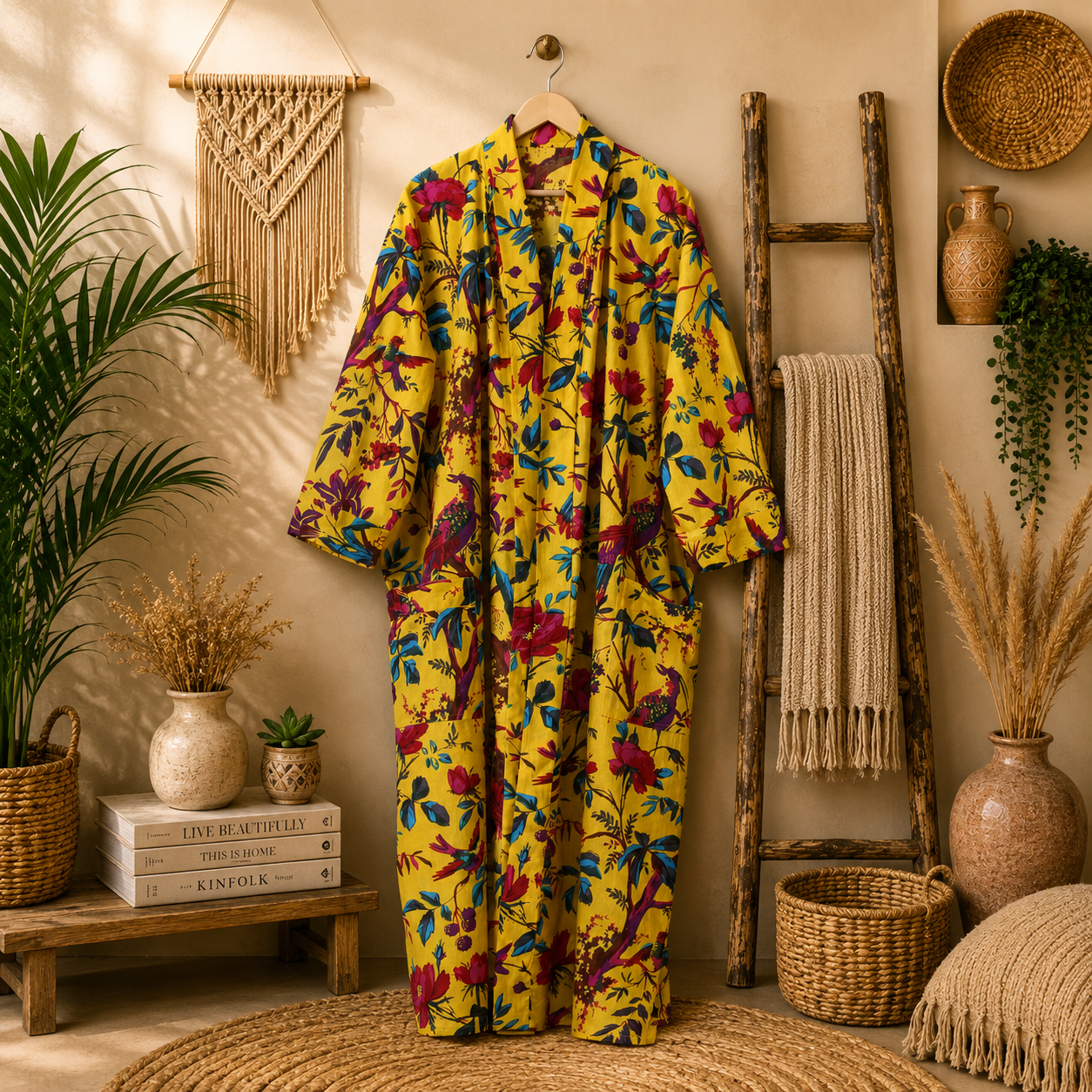 Mustard Yellow Floral Bird Print Cotton Long Kimono Robe for Women – Boho Maxi Kimono, Free Size with Pockets - Image 4