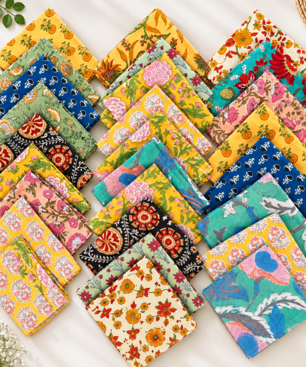 Alternative view of 20 Pcs Cotton Napkins 16x16 Inches – Floral Block Print Cloth Dinner Napkins – Multicolor Assorted Table Napkin Set