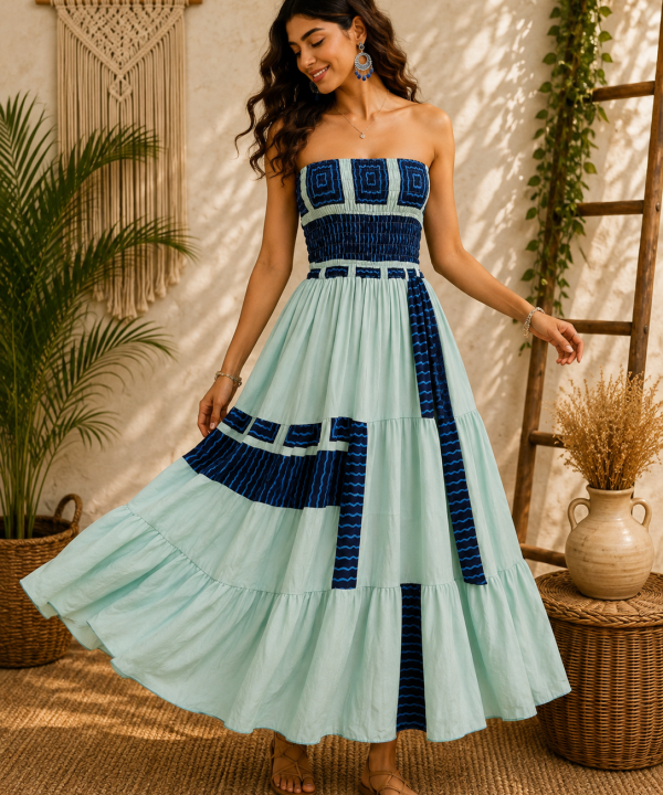 Mint Green & Navy Blue Maxi Dress – Strapless Smocked Tiered Boho Summer Dress
