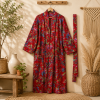 Red Floral Print Cotton Long Kimono Robe for Women – Boho Maxi Kimono Jacket, Free Size Open Front Cover Up - Image 3