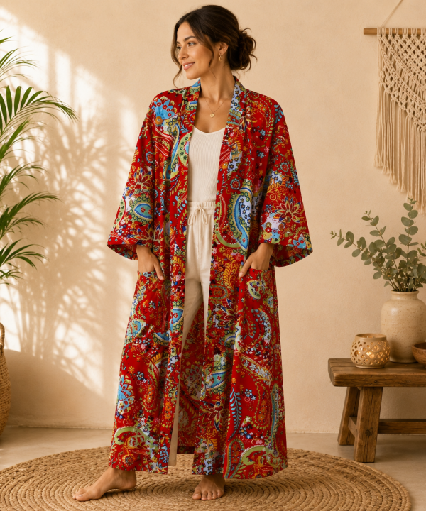 Red Multicolor Floral Paisley Long Kimono Robe – Boho Printed Maxi Kimono Jacket for Women