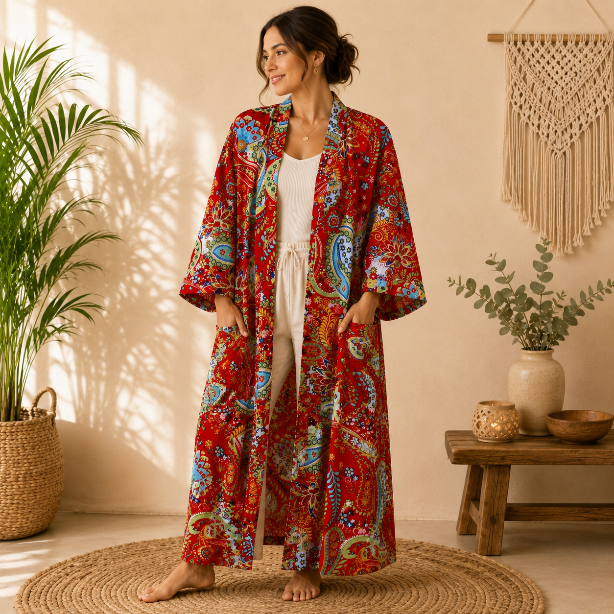 Red Multicolor Floral Paisley Long Kimono Robe – Boho Printed Maxi Kimono Jacket for Women