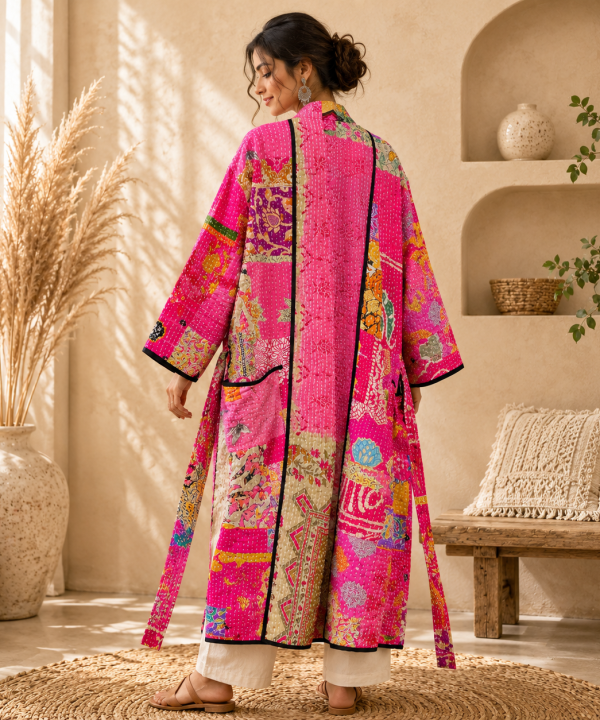 Alternative view of Pink Multicolor Vintage Kantha Long Kimono Robe – Handmade Patchwork Cotton Boho Jacket