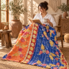 Vintage Handmade Kantha Quilt – Royal Blue Orange Floral Recycled Sari Cotton Bedspread, Indian Boho Throw - Image 3